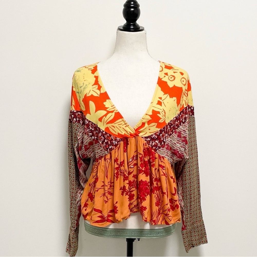 Free People Aloha State of Mind LS V-Neck Top Orange/Yellow Floral Patchwork S